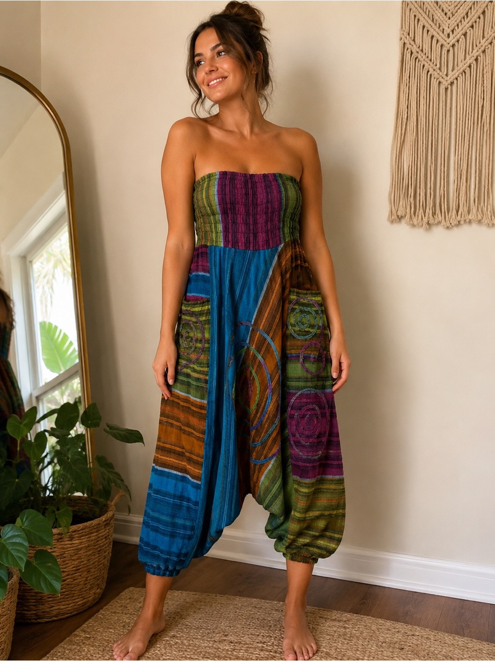 Boho Multicolor Striped Jumpsuit or pants Free Size - Blue, Green & Purple